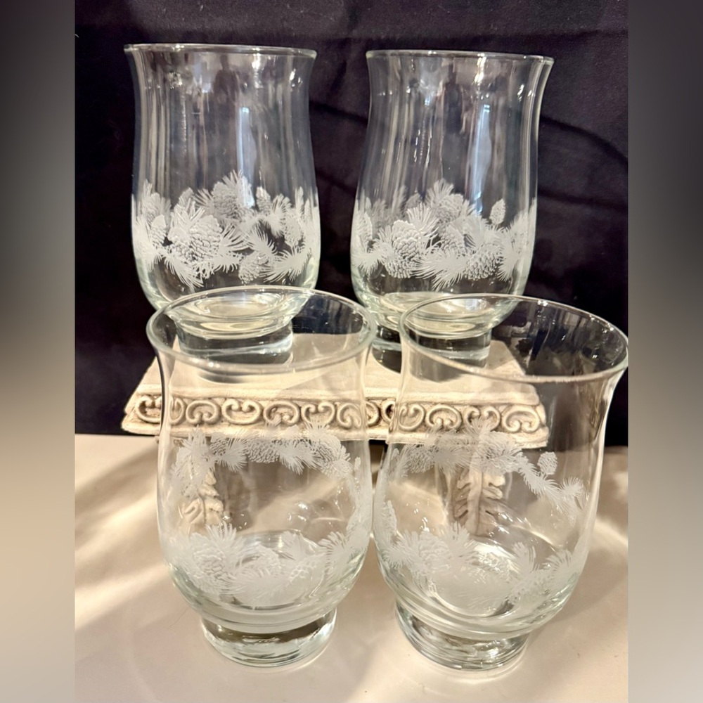 4 Libbey footed Tulip Glasses etched Pine Cone 13oz 5.25”